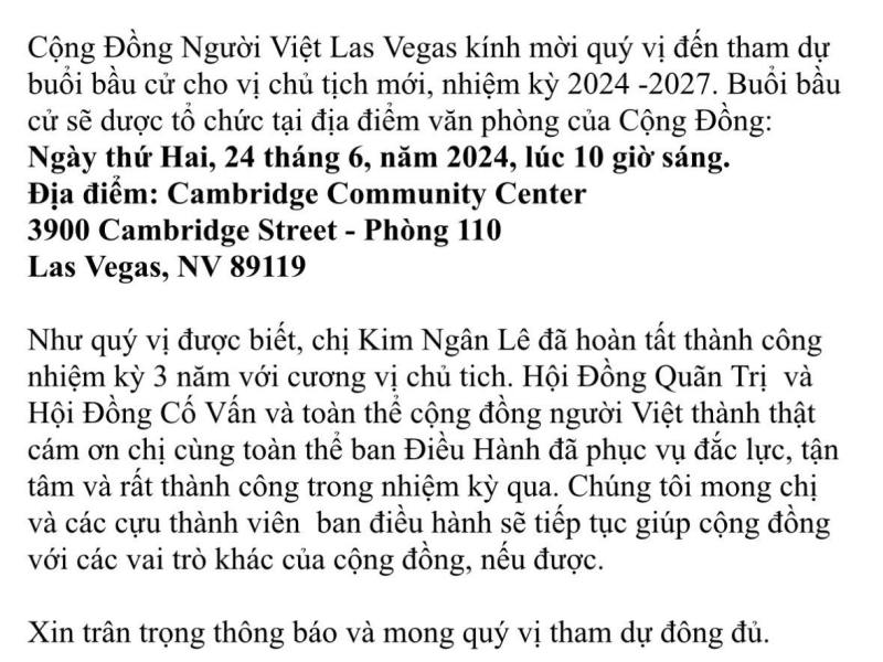 Thông báo về bầu cử Chủ tịch cộng đồng&nbsp;2024-2027